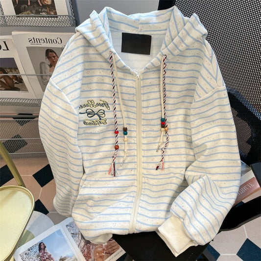 American lazy chic striped cardigan hooded sweatshirt men and women autumn retro embroidered letters casual tops jacket