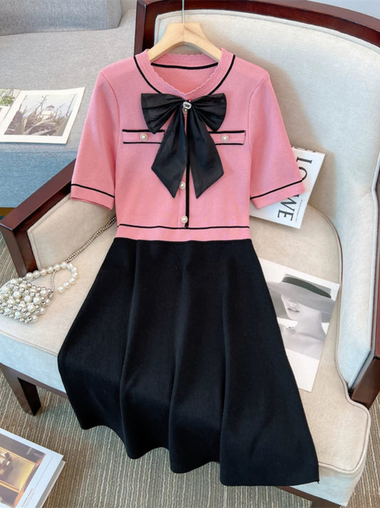 Gentle style Korean style French style age-reducing bow A-line skirt loose cover the flesh and look slimming western style short-sleeved dress