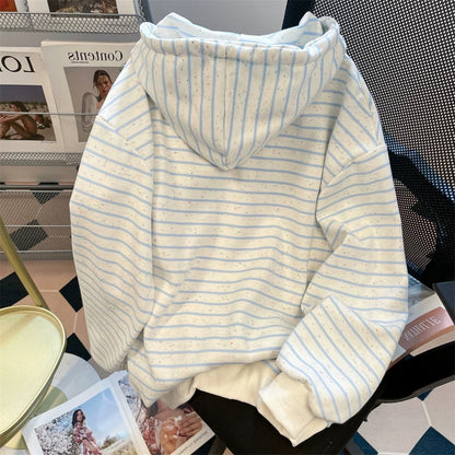 American lazy chic striped cardigan hooded sweatshirt men and women autumn retro embroidered letters casual tops jacket