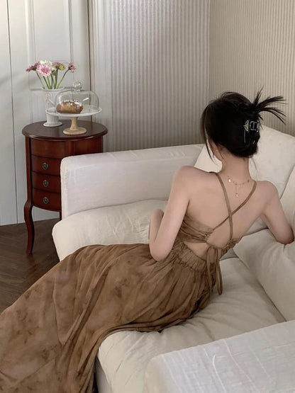 New Chinese style pure desire halterneck suspender v-neck dress for women summer new style waistless backless sexy coffee color a-line long skirt