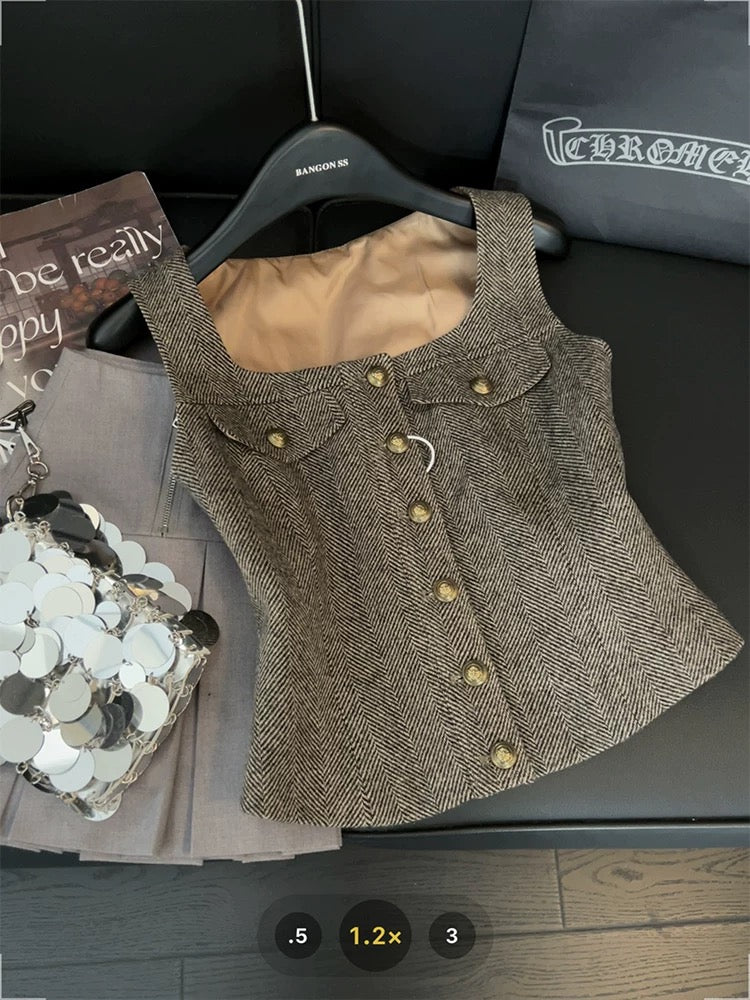 inspired herringbone camisole for women, retro square neck, sophisticated, slimming, sweet and spicy sleeveless top for summer.