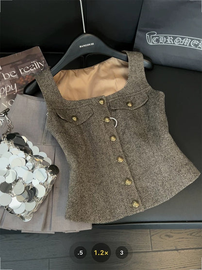 inspired herringbone camisole for women, retro square neck, sophisticated, slimming, sweet and spicy sleeveless top for summer.