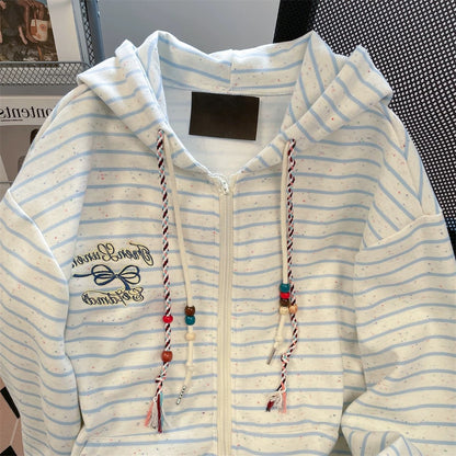 American lazy chic striped cardigan hooded sweatshirt men and women autumn retro embroidered letters casual tops jacket