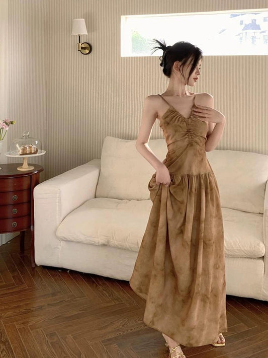 New Chinese style pure desire halterneck suspender v-neck dress for women summer new style waistless backless sexy coffee color a-line long skirt