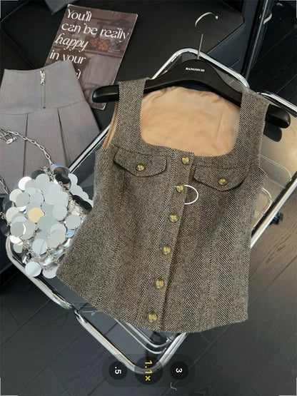 inspired herringbone camisole for women, retro square neck, sophisticated, slimming, sweet and spicy sleeveless top for summer.