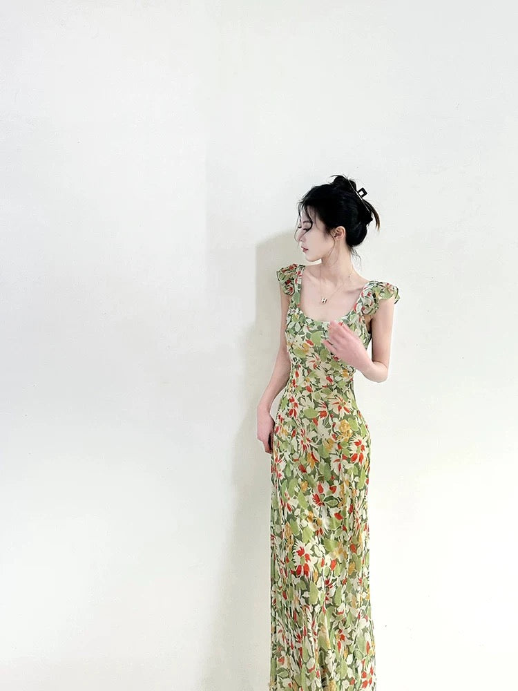 Tea break French style gentle small flying sleeves floral dress women 2024 new style high-end waist slimming long skirt