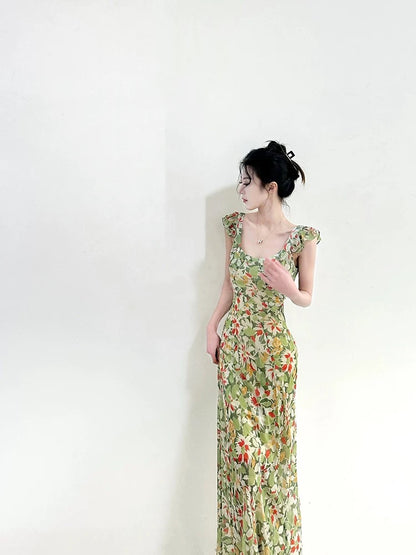 Tea break French style gentle small flying sleeves floral dress women 2024 new style high-end waist slimming long skirt