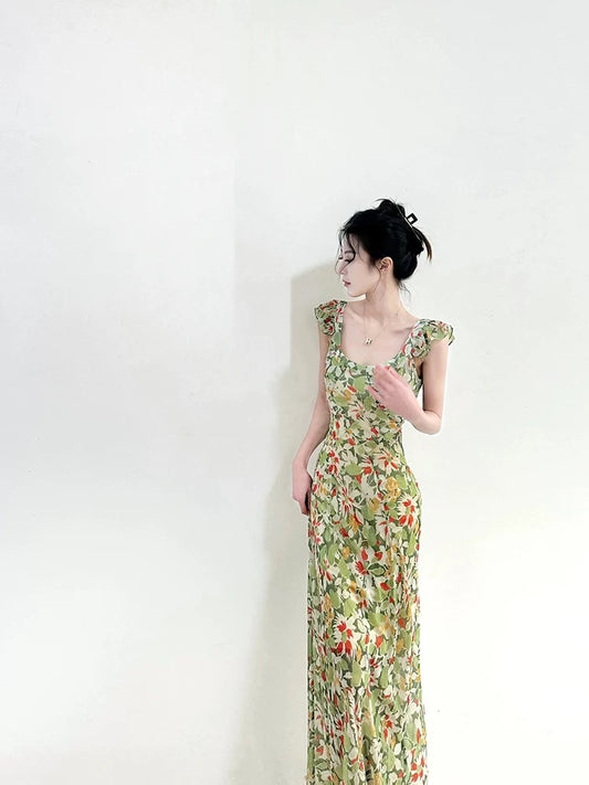 Tea break French style gentle small flying sleeves floral dress women 2024 new style high-end waist slimming long skirt