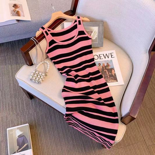 Pure lust style striped knitted suspender dress for women summer new sexy sleeveless slim mid-length hip skirt