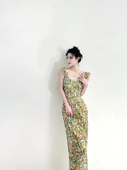 Tea break French style gentle small flying sleeves floral dress women 2024 new style high-end waist slimming long skirt
