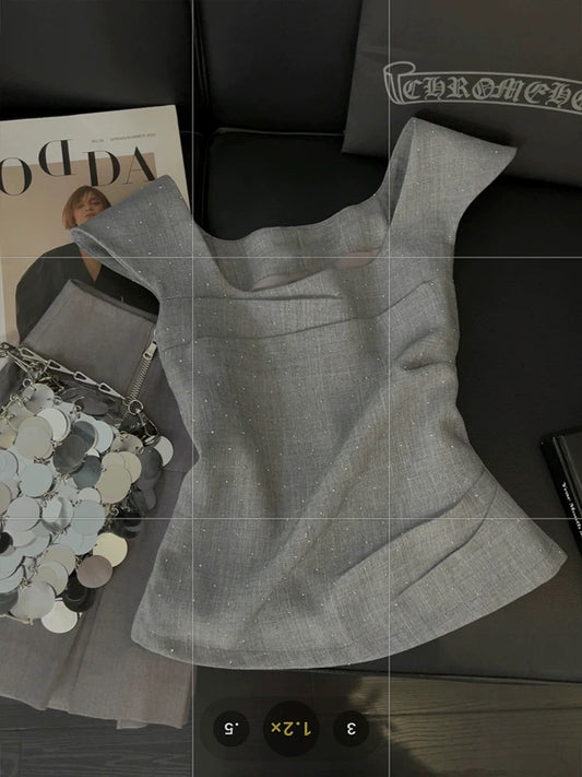 Women's Ruffled Square Neck Short Sleeve Top, Retro Gray Style, Sweet and Spicy, 2025 Summer New Style, Elegant Flutter Sleeve Vest