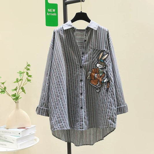 Designed lazy style embroidered rabbit striped shirt for women 2024 summer new loose mid-length shirt top
