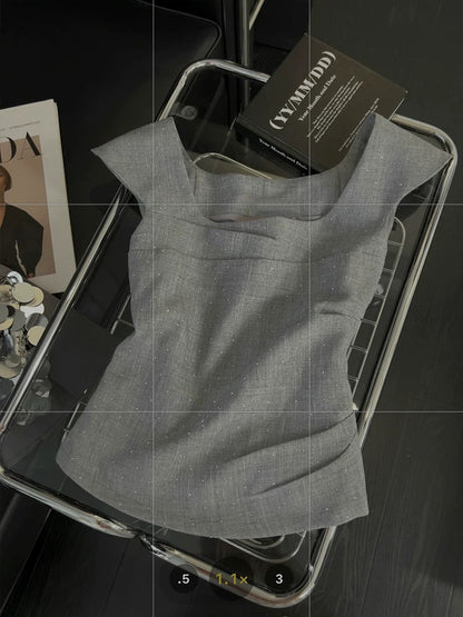 Women's Ruffled Square Neck Short Sleeve Top, Retro Gray Style, Sweet and Spicy, 2025 Summer New Style, Elegant Flutter Sleeve Vest