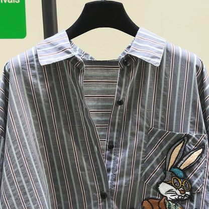 Designed lazy style embroidered rabbit striped shirt for women 2024 summer new loose mid-length shirt top