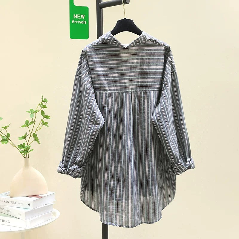 Designed lazy style embroidered rabbit striped shirt for women 2024 summer new loose mid-length shirt top