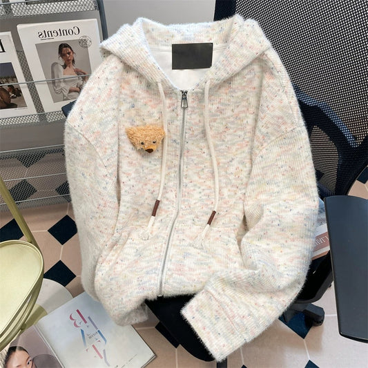 Dopamine cute bear colorful dot hooded sweater for men and women autumn and winter super beautiful knitted cardigan sweater jacket