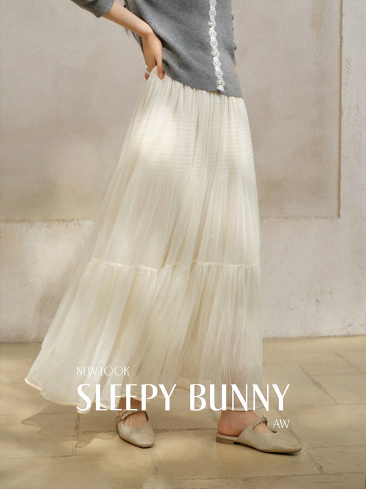 SLEEPYBUNNY High-Waisted Full-Sleeve Satin Pleated Midi Skirt for Women, Winter Slimming Mesh A-line Maxi Skirt