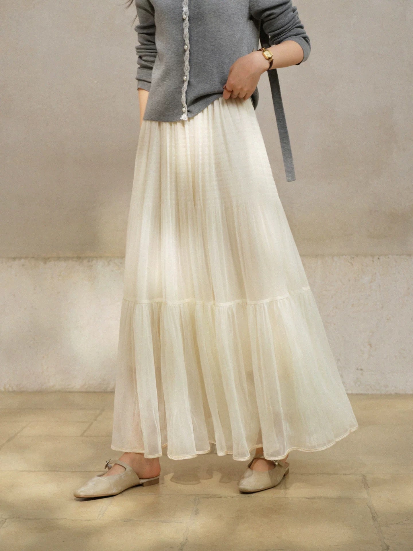 SLEEPYBUNNY High-Waisted Full-Sleeve Satin Pleated Midi Skirt for Women, Winter Slimming Mesh A-line Maxi Skirt