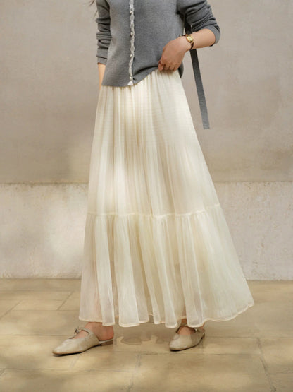 SLEEPYBUNNY High-Waisted Full-Sleeve Satin Pleated Midi Skirt for Women, Winter Slimming Mesh A-line Maxi Skirt