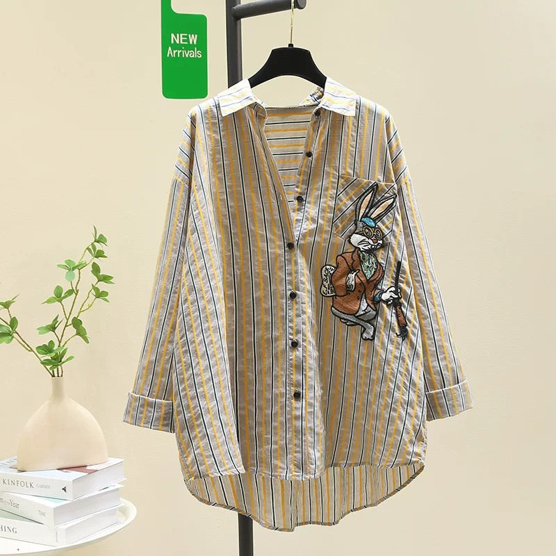 Designed lazy style embroidered rabbit striped shirt for women 2024 summer new loose mid-length shirt top