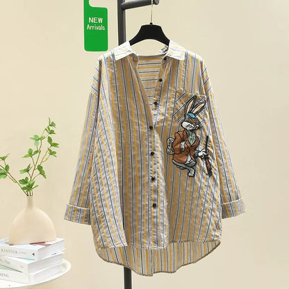 Designed lazy style embroidered rabbit striped shirt for women 2024 summer new loose mid-length shirt top
