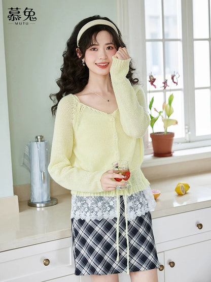 MuTu French Lace Patchwork Knitwear Women's 2025 Summer New Style Unique Loose Long Sleeve Top Thin