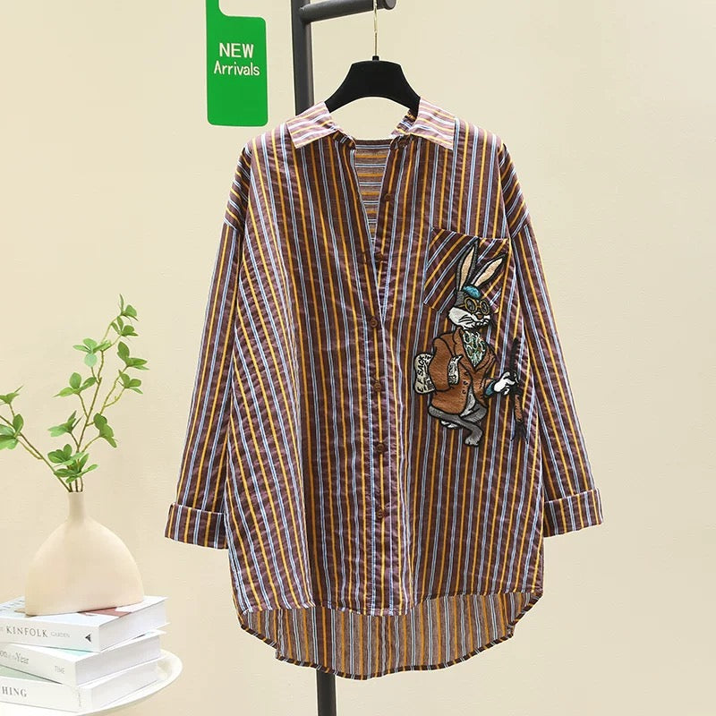 Designed lazy style embroidered rabbit striped shirt for women 2024 summer new loose mid-length shirt top