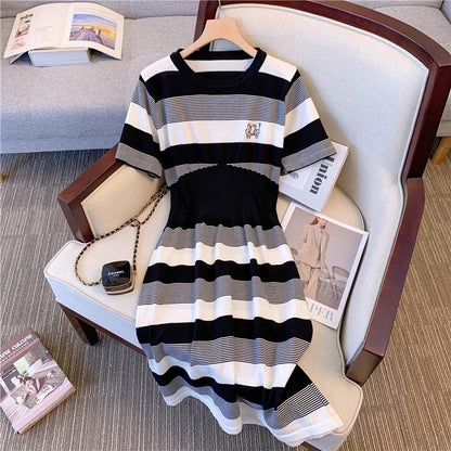 Chic Hong Kong style striped knitted dress women's summer waist-high knee skirt college style casual short-sleeved T-shirt skirt