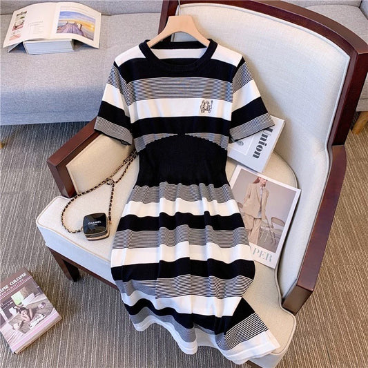 Chic Hong Kong style striped knitted dress women's summer waist-high knee skirt college style casual short-sleeved T-shirt skirt