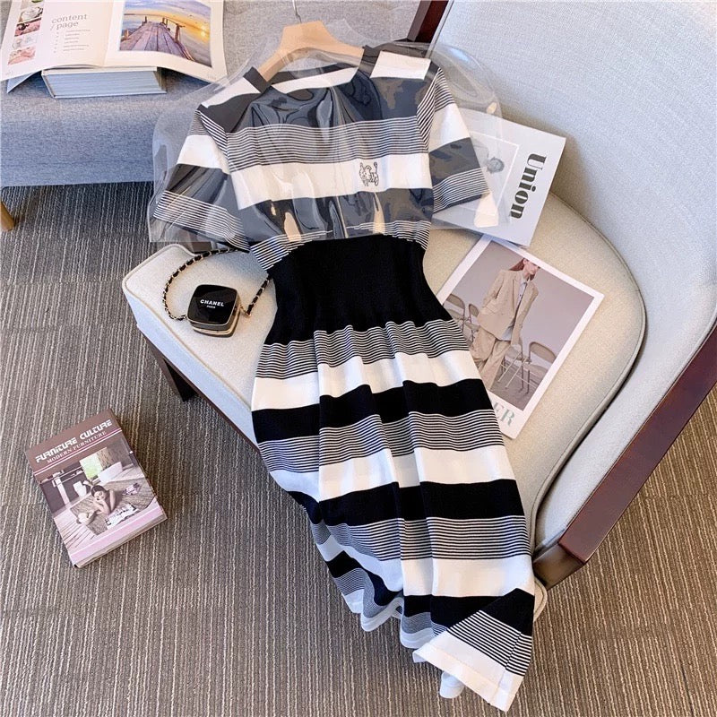 Chic Hong Kong style striped knitted dress women's summer waist-high knee skirt college style casual short-sleeved T-shirt skirt