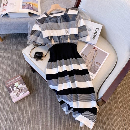 Chic Hong Kong style striped knitted dress women's summer waist-high knee skirt college style casual short-sleeved T-shirt skirt