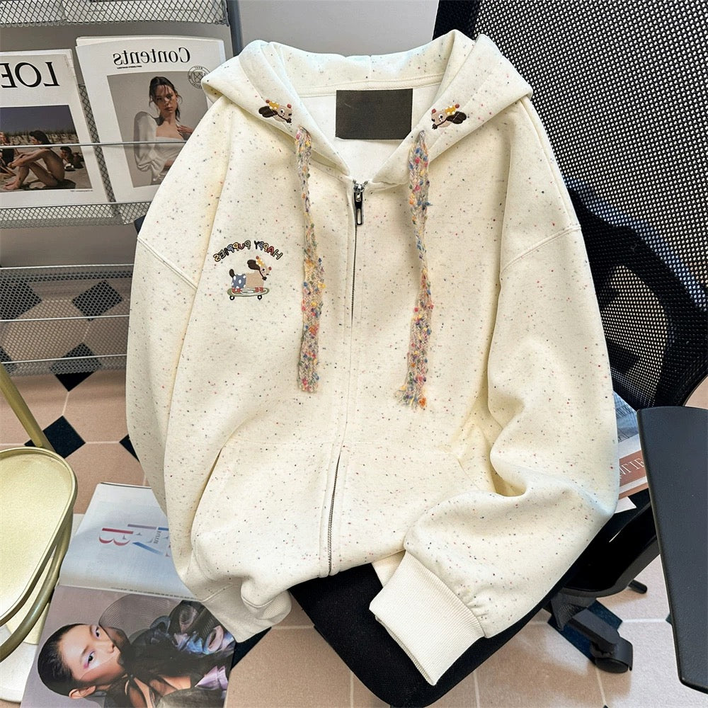 Naifufu cute puppy embroidered colorful dots sweatshirt for men and women spring and autumn sweet lazy style hooded jacket cardigan