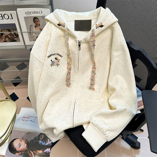 Naifufu cute puppy embroidered colorful dots sweatshirt for men and women spring and autumn sweet lazy style hooded jacket cardigan