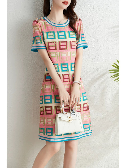 Big brand printed short-sleeved dress for women summer 2024 new French style color-blocking letters high-end temperament a-line skirt