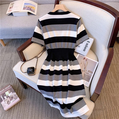 Chic Hong Kong style striped knitted dress women's summer waist-high knee skirt college style casual short-sleeved T-shirt skirt