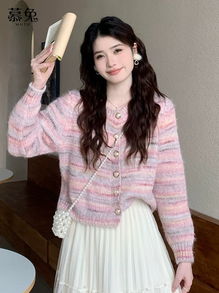 MuTu sweet pink striped cardigan for women, 2025 new autumn style, gentle and soft loose knit top