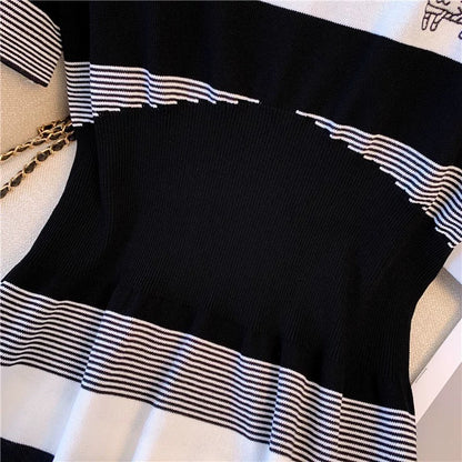 Chic Hong Kong style striped knitted dress women's summer waist-high knee skirt college style casual short-sleeved T-shirt skirt