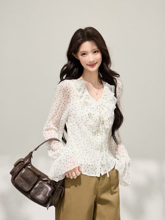 Xie Burou, Ruffled V-neck Polka Dot Chiffon Blouse for Women, Spring Style, Korean Slim Fit, Fashionable and Versatile Top