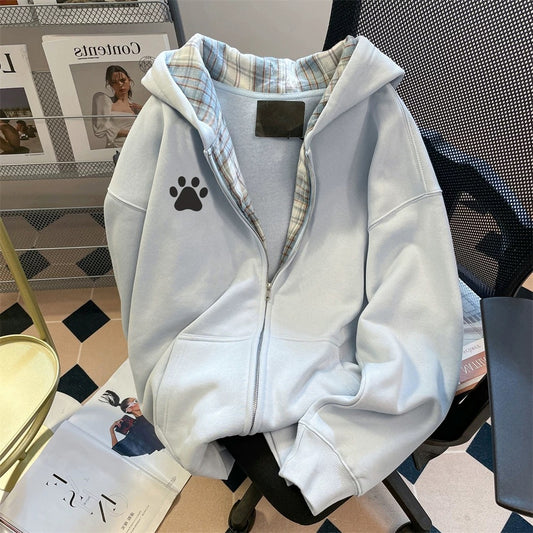 Milk blue college style dog paw print sweatshirt cardigan for men and women autumn and winter small size slim plus velvet thick hooded jacket