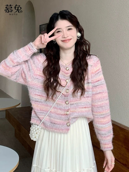 MuTu sweet pink striped cardigan for women, 2025 new autumn style, gentle and soft loose knit top