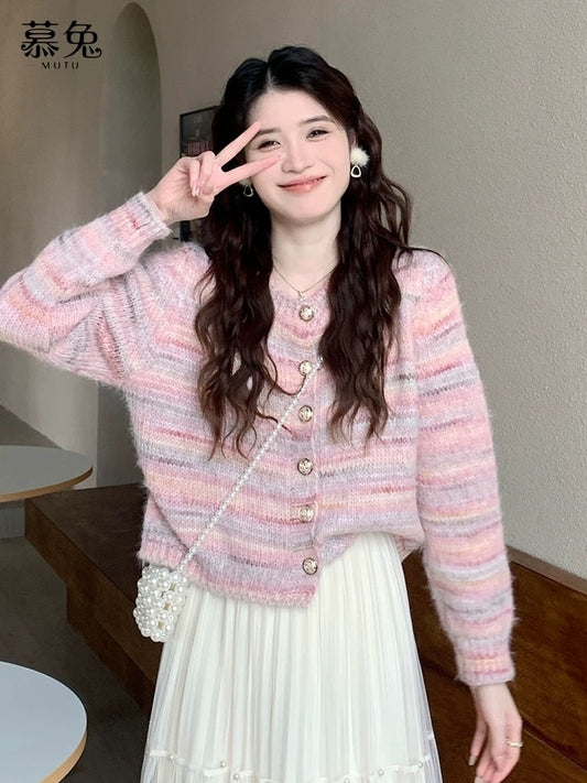 MuTu sweet pink striped cardigan for women, 2025 new autumn style, gentle and soft loose knit top