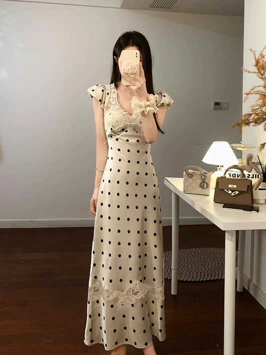 Elegant socialite lace V-neck hollow polka dot dress for women 2024 new high-end satin waist slimming long skirt