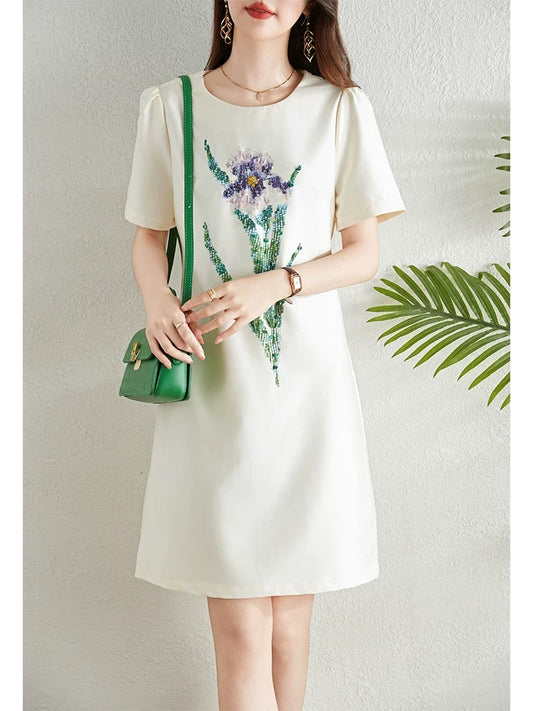 High-end beaded printed short-sleeved dress for women 2024 new summer style slimming, elegant and age-reducing A-line skirt