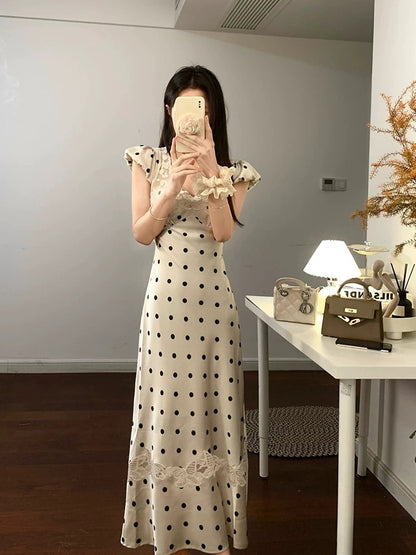 Elegant socialite lace V-neck hollow polka dot dress for women 2024 new high-end satin waist slimming long skirt