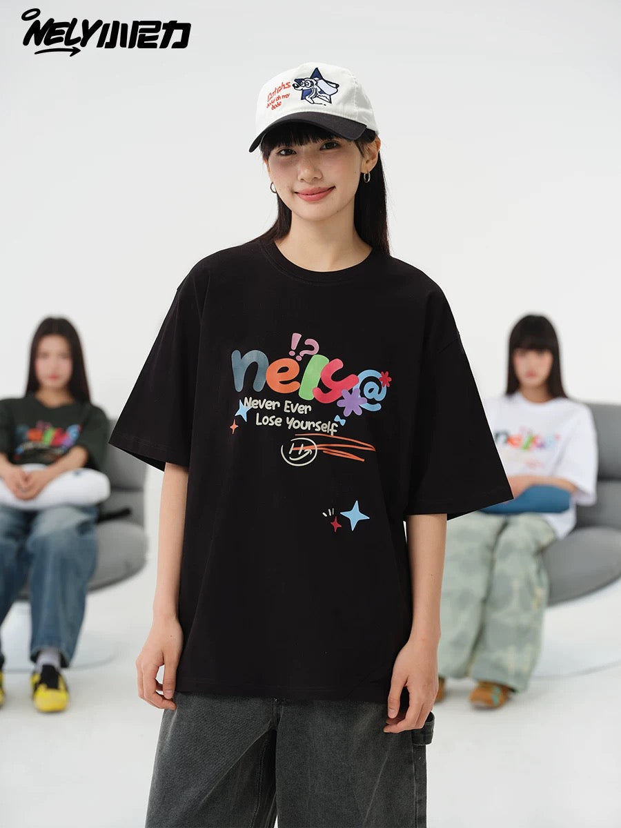 NELY Xiao Nili homemade colorful logo letter short-sleeved T-shirt for men and women couple hip-hop design round neck top