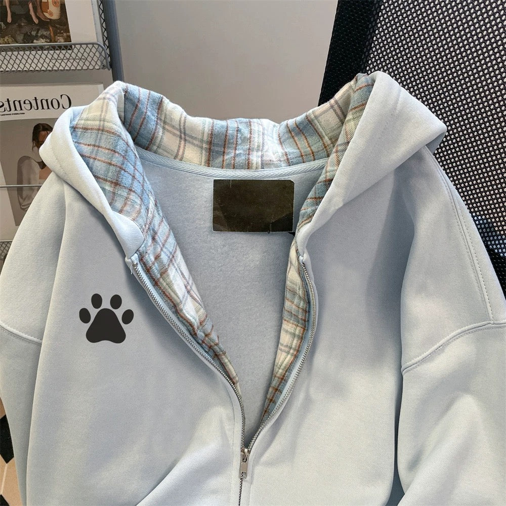 Milk blue college style dog paw print sweatshirt cardigan for men and women autumn and winter small size slim plus velvet thick hooded jacket