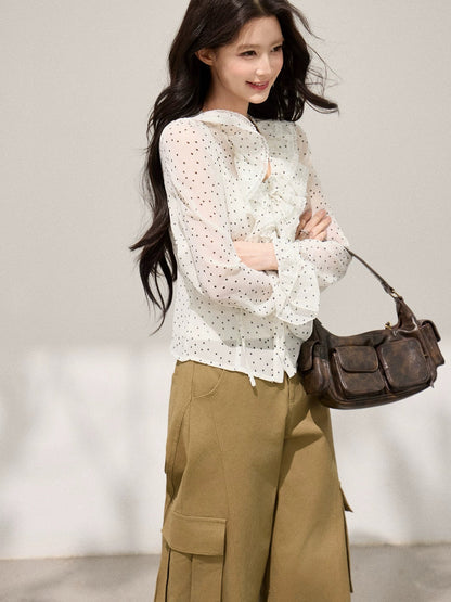 Xie Burou, Ruffled V-neck Polka Dot Chiffon Blouse for Women, Spring Style, Korean Slim Fit, Fashionable and Versatile Top