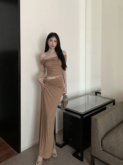 Royal sister high-end suit sweet hot girl one-shoulder top women's summer new hip-covering skirt long skirt two-piece set