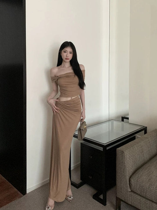 Royal sister high-end suit sweet hot girl one-shoulder top women's summer new hip-covering skirt long skirt two-piece set