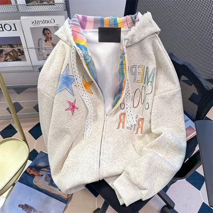 National tide American hiphop color graffiti star sweatshirt men and women spring and autumn high-end plaid splicing jacket cardigan